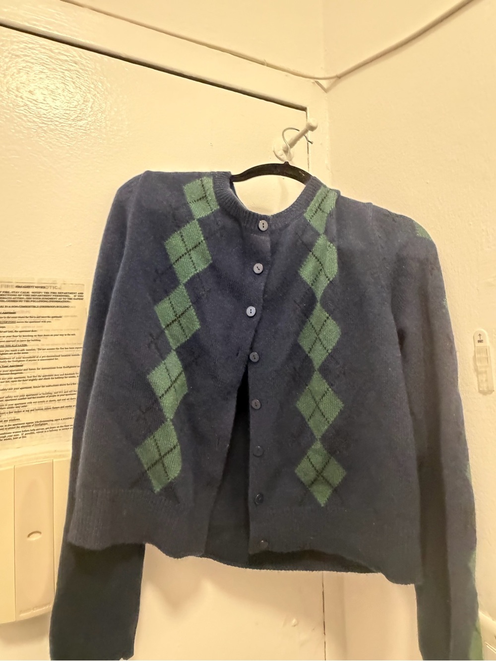Reformation Navy Cardigan with Green Argyle Accents